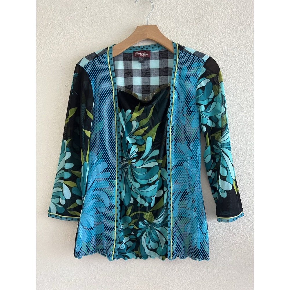 Vintage Y2K Barcelino San Francisco Mesh Top XL Floral Gingham Fishnet Grunge